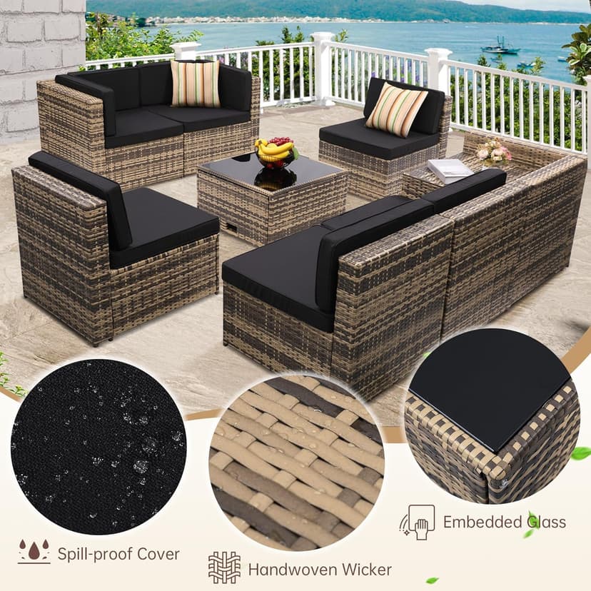 8 Pieces Outdoor Wicker Rattan Patio Furniture Sectional Set, Glass Top Table with Hidden Storage, 7 Sofa Sections, Oversized Cushions, Natural Color Rattan with Black Cushion