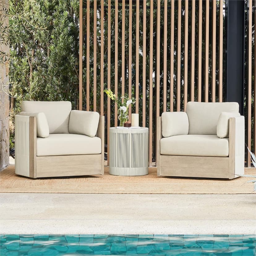 CHITA 3 Pieces Boho Patio Rattan Bistro Set, Outdoor Wicker Furniture Swivel Chairs & Side Table Set with 2 Arm Pillows, Acacia Wood Frame, Fully Assembled(Cream)