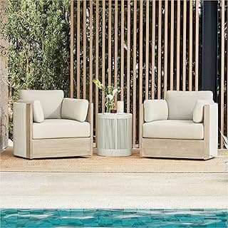 CHITA 3 Pieces Boho Patio Rattan Bistro Set, Outdoor Wicker Furniture Swivel Chairs & Side Table Set with 2 Arm Pillows, Acacia Wood Frame, Fully Assembled(Cream)