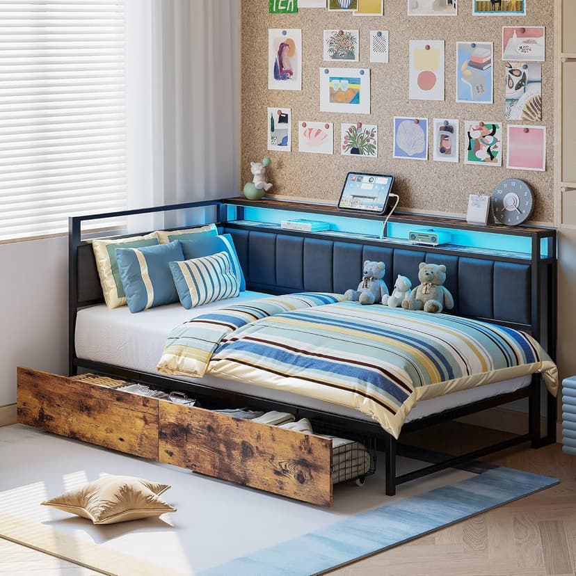 LIKIMIO Corner Bed Frame Twin Daybed with Storage Drawers, Metal Platform Bed Frame with LED Light, Charging Station & Fabric Upholstered Fence, Black
