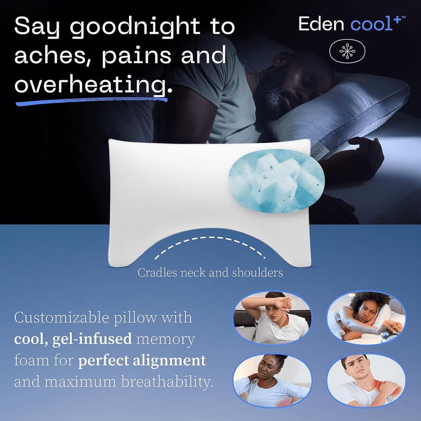Coop Home Goods Cool+ Crescent Adjustable Pillow, Queen Size Plus Shaped Memory Foam Pillows with Cooling Gel, Neck Support, Back or Side Sleeper Pillow, CertiPUR US/GREENGUARD Gold