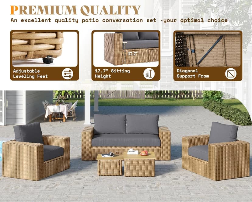AMERLIFE 6-Piece Patio Sofa Set with Convertible Coffee Table - 8.3" Wide Armrests, UV-Resistant PE Rattan Outdoor Conversation Set for Balcony/Poolside, Waterproof Grey Cushions, Heavy-Duty Wicker