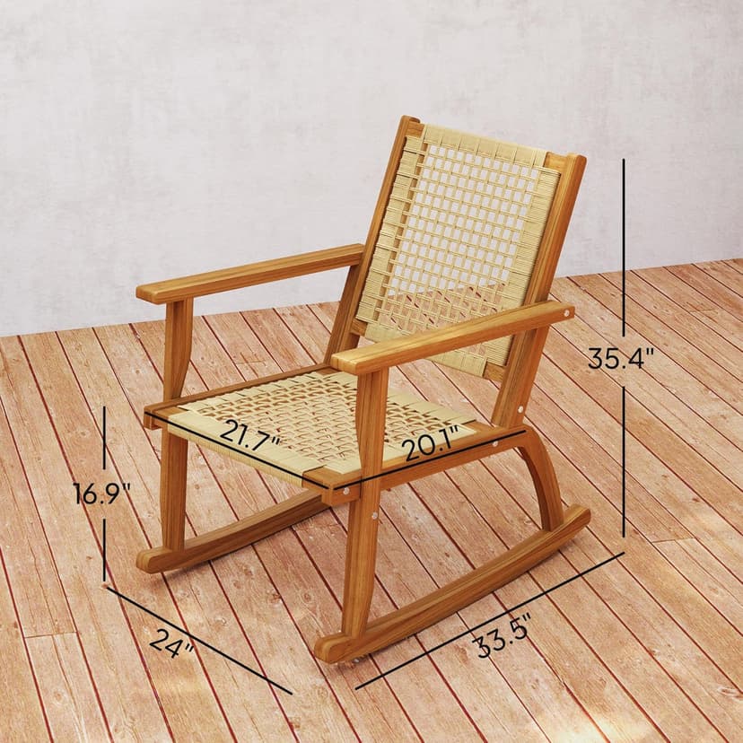 Outsunny Outdoor Rocking Chair Set of 2, Acacia Wood Outdoor Rockers with Armrests, Rattan Wicker Back and Seat, Patio Wooden Rocking Chair Set for Garden, Balcony, Porch, Khaki