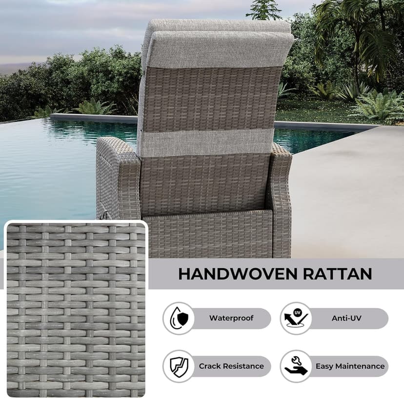 Outdoor Wicker Recliner Chair, Patio Recliner with Independently Adjustable Backrest and Footrest, All-Weather PE Wicker Patio Reclining Lounge Chair with Flip-Up Table Air Pump 155° Lay Flat