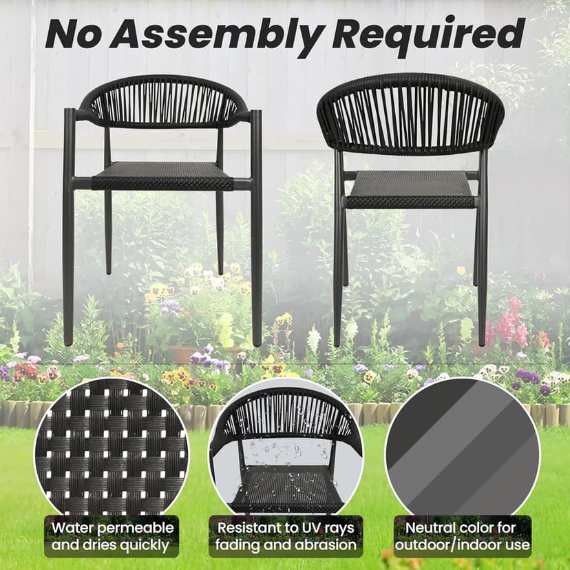 4 Pcs Stackable Patio Dining Chairs, Aluminum Rattan Outdoor Dining Chair with Arms, Woven Rope Garden Armchair Metal No Assembly for Bistro Balcony Porch Deck Yard Cafe Restaurant, Black