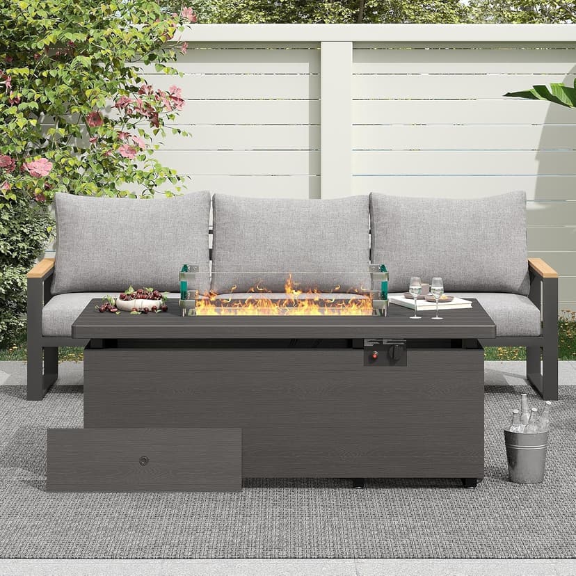 Sundale Outdoor 51 Inch Outdoor Fire Pit Table, 50,000 BTU Rectangle Propane Fire Pit with Glass Wind Guard, Rain Cover, Removable Lid, CSA Certified, Gray