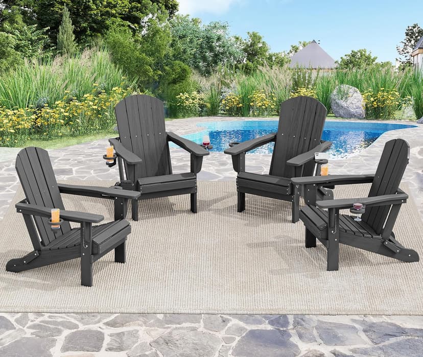 SERWALL Foldable Adirondack Chair, HDPE Adirondack Chair with Wood-Texture-Gray