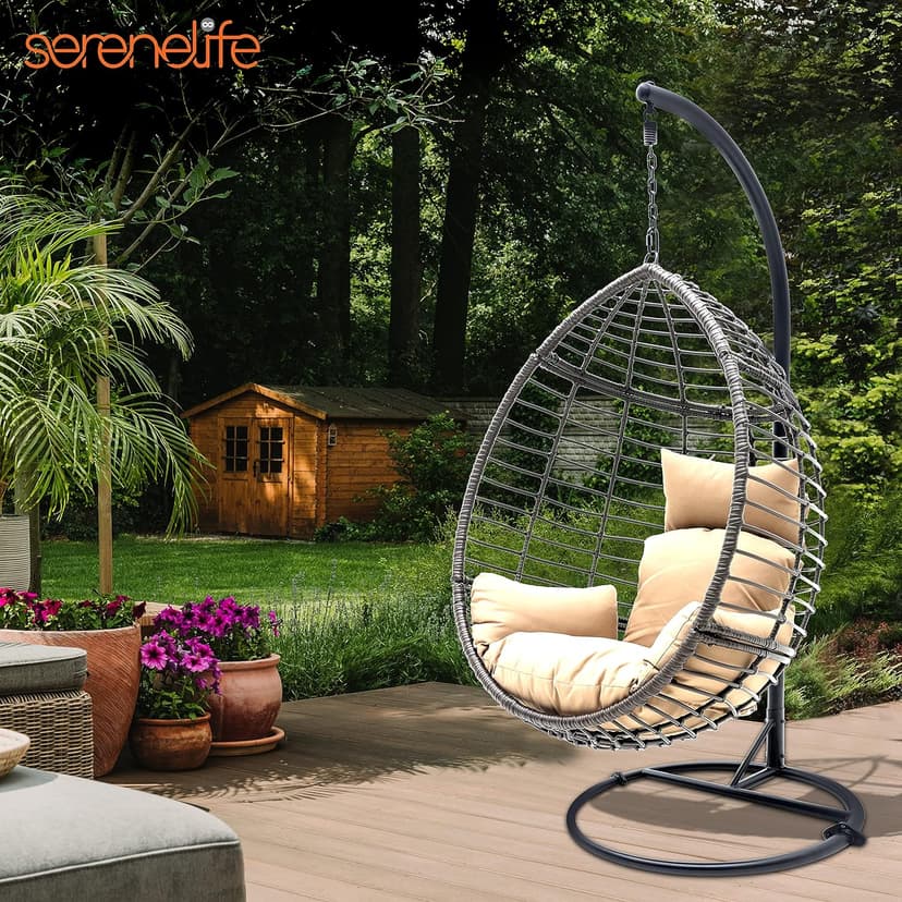 SereneLife Hanging Wicker Egg Swing Chair with Cushions & Stand – Brown Rattan Outdoor/Indoor Chair with 66 lb Capacity, Powder-Coated Steel Frame, Washable Weather-Resistant Cushions