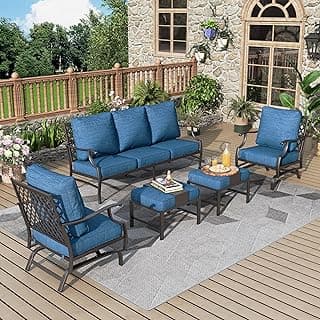 Patio Furniture Set 5 pcs, Outdoor Patio Furniture, 3-Seat Sofa, 2 Rocking Chairs, 2 Ottomans and 5.75" Extra Thick Cushion, Conversation Set for Backyard Deck,Gemstone Blue