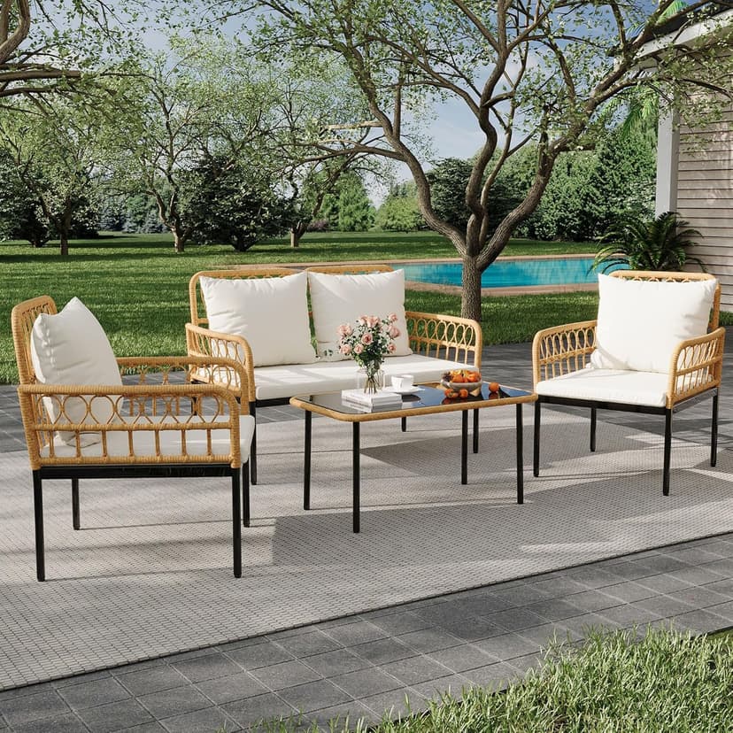 IDEALHOUSE 4-Piece Outdoor Patio Furniture Set, All-Weather PE Rattan Wicker Loveseat & Chairs with Glass Coffee Table & Steel Frame, Boho Conversation Set for Patio, Balcony, Backyard, Beige