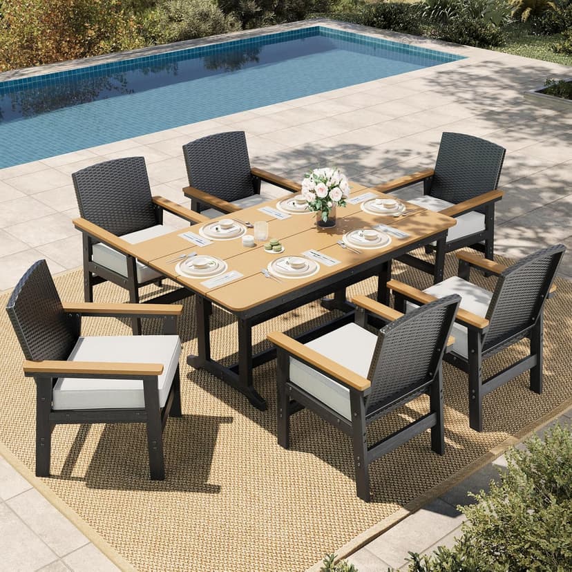 HERA'S HOUSE Patio Table and Chairs Set 7-Piece, HDPE Outdoor Dining Furniture Set with Cushions, All-Weather Wood Grain Table & Wicker Chairs for Backyard, Garden, Deck (Durable & Low Maintenance)