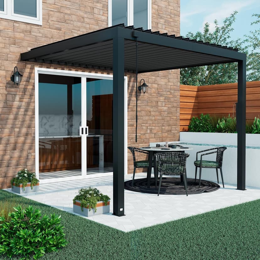 Backyard Discovery Evanston 10'x10' Galvanized Steel Wall-Mounted Louvered Pergola Kit with Adjustable Roof, Shade, Rain Protection, High-Wind Rating, PowerPort, Gutter System for Outdoor Patio, Deck