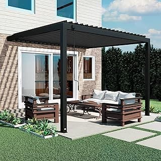 Backyard Discovery Evanston 12'x10' Galvanized Steel Wall-Mounted Louvered Pergola Kit with Adjustable Roof, Shade, Rain Protection, High-Wind Rating, PowerPort, Gutter System for Outdoor Patio, Deck