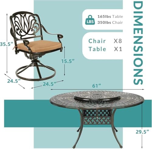 MEETWARM Outdoor 9-Piece Patio Dining Set, All-Weather Cast Aluminum Patio Conversation Set- 8 Cushioned Swivel Rocker, 61" Round Patio Dining Table w/Detachable Lazy Susan/Umbrella Hole, Dark Bronze