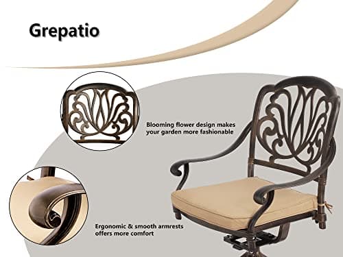 Grepatio 9 Piece Cast Aluminum Patio Furniture Set Outdoor Dining Set Bistro Furniture Set with 6 Chairs 2 Swivel and Dining Table, 8 Cushions for Backyard Garden (Khaki)