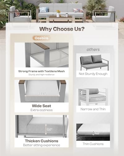 Outdoor Furniture Set, 4 Piece Aluminum Patio Furniture Set with Coffee Table, Wide Seat and Thick Cushions, Outdoor Patio Conversation Sets for Deck, Porch (LightGray)