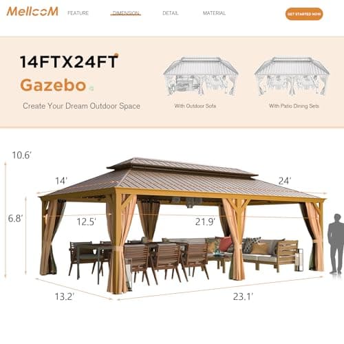 MELLCOM 14'x24' Gazebo, Wooden Finish Coated Aluminum Frame Pergola with Double Galvanized Steel Hardtop Roof, Outdoor Permanent Metal Pavilion with Curtains and Nettings for Patio, Backyard and Deck