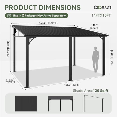 Aoxun 10' x 14' Lean to Gazebo, Upgraded Hardtop Outdoor Pergola with Sloping Galvanized Steel Roof, Large Wall-Mounted Heavy Duty Awnings for Patio, Backyard, Deck, Porch