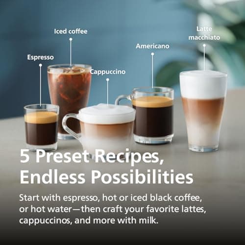 PHILIPS 3300 Series Fully Automatic Espresso Machine with integrated milk frother and grinder, 5 Hot & Iced Coffee Pre-Sets, 40% Quieter SilentBrew, 15-Bar Pressure, Glossy Black (EP3326/90)