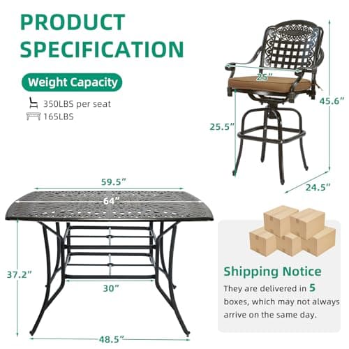 VIVIJASON 9-Piece High Patio Dining Set, Free-Rust Cast Aluminum Patio Bar Table and Chairs Set with 8 Swivel Bar Stools & 64" Bar Height Dining Table, Umbrella Hole for Backyard, Lawn, Garden