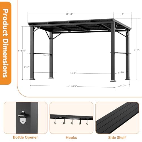 Hardtop Grill Gazebo 6'x12'with Side Shelf, Outdoor Gazebo with Bottle Opener & Hooks, Grill Canopy with Sturdy Rustproof Design for Backyard, Garden, Patio,Black