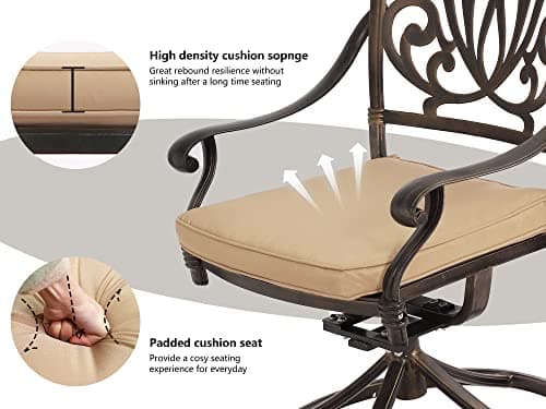 Grepatio 9 Piece Cast Aluminum Patio Furniture Set Outdoor Dining Set Bistro Furniture Set with 6 Chairs 2 Swivel and Dining Table, 8 Cushions for Backyard Garden (Khaki)