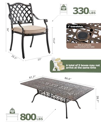 9 Piece Cast Aluminum Outdoor Dining Set, Retro Patio Dining Furniture Set for 8 Includes 86” Table 2 Swivel & 6 Stackable Lattice Chairs with Cushions and 2“ Umbrella Hole for Porch Poolside Garden