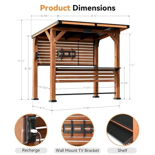 Modern Shade The Aura Cedar Wood Entertainment Bar Center, Wood Gazebo Grill Pavilion with Shelves & Paper Towel Holder, Grill Gazebo with Hardtop Steel Roof,TV Mount, Power Strip for Patio, Garden