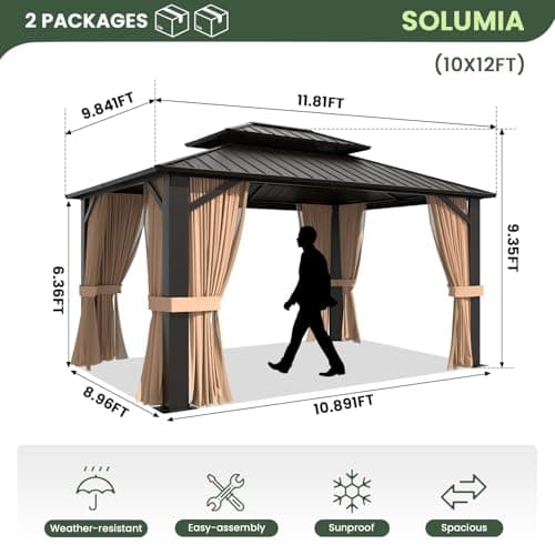 10’x12’ Hardtop Gazebo, Galvanized Steel Double Roof Canopy with Aluminum Frame, Outdoor Pavilion with Nettings and Curtains