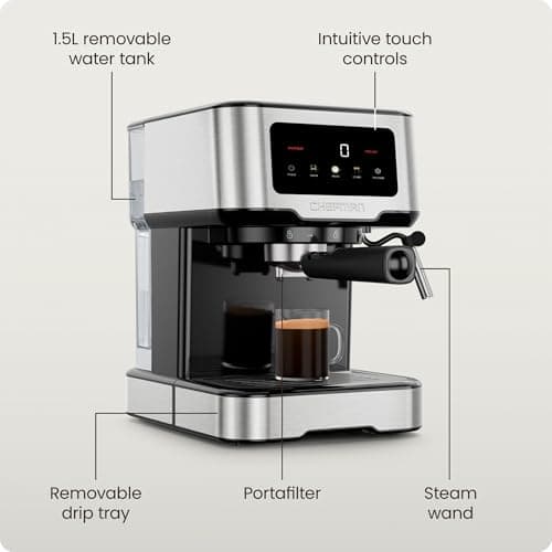 Chefman CraftBrew Espresso Machine, 15-Bar Pump Digital Espresso Maker w/Steam Wand for Latte & Cappuccino, Compact Espresso Coffee Machine w/ 1.5L Removable Water Reservoir - Stainless Steel