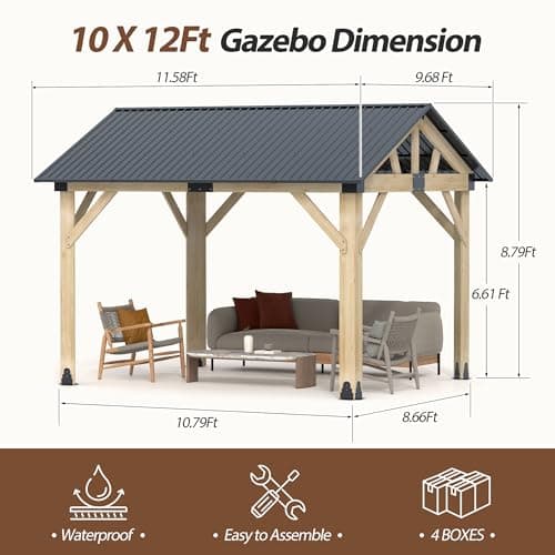 10' x 12' Wood Gazebo, Outdoor Cedar Hardtop Wooden Frame Gazebos with Galvanized Steel Roof for Garden, Patio, Deck