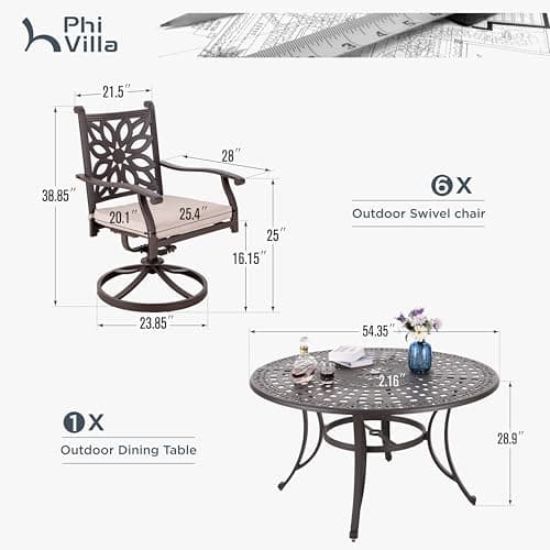 PHI VILLA Cast Aluminum Patio Dining Set for 6 Person, 7 Piece Outdoor Patio Set with 54" Dia Cast-Top Aluminum Table(2.1" Umbrella Hole) and 6 Swivel Rockers Dining Chairs with Seat Cushions