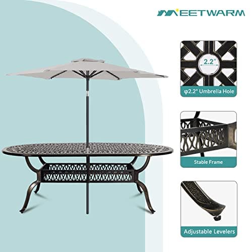 MEETWARM 9-Piece Outdoor Furniture Dining Set, All Weather Cast Aluminum Patio Garden Set with 8 Chairs,1 Oval Table, 2" Umbrella Hole, Dark Bronze