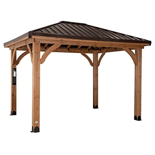 Backyard Discovery Barrington 12' x 12' Cedar Wood Outdoor Gazebo Pavilion with Hardtop Galvanized Steel Hip Roof, Snow Support, Wind Resistance, PowerPort, Shade for Garden, Patio, Deck, Entertaining
