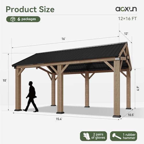 Aoxun 12' x 16' Outdoor Wood Gazebo, Hardtop Gazebo Permanent Wooden Pavilion with Galvanized Steel Gable Roof, for Patio, Garden, Deck, Cedar Wood