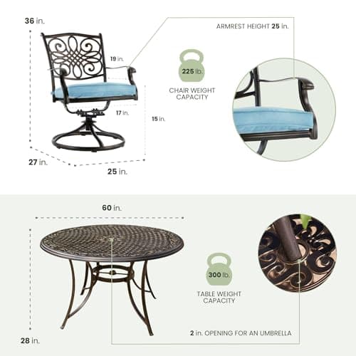 Hanover Traditions Set with 6 Swivel Rocker Chairs, Tan Cushions and Large 38"x72" Dining Table, Outdoor Dining Set for 6