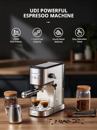 UDI Espresso Machine with Milk Frother, 20 Bar High Pressure Professional Espresso Maker Automatic, Compact Stainless Steel Coffee Machine for Cappuccino, Latte, Silver