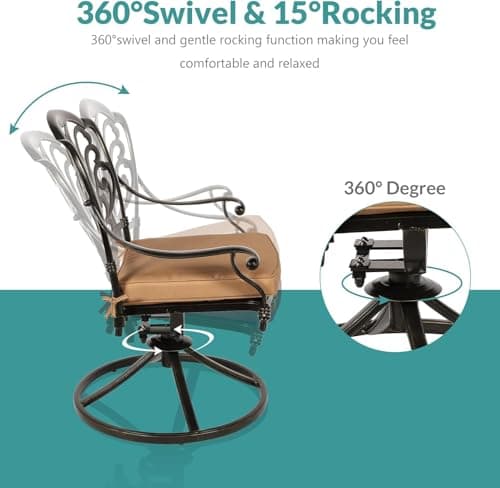 MEETWARM Outdoor 9-Piece Patio Dining Set, All-Weather Cast Aluminum Patio Conversation Set- 8 Cushioned Swivel Rocker, 61" Round Patio Dining Table w/Detachable Lazy Susan/Umbrella Hole, Dark Bronze