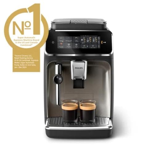 PHILIPS 3300 Series Fully Automatic Espresso Machine with integrated milk frother and grinder, 5 Hot & Iced Coffee Pre-Sets, 40% Quieter SilentBrew, 15-Bar Pressure, Glossy Black (EP3326/90)