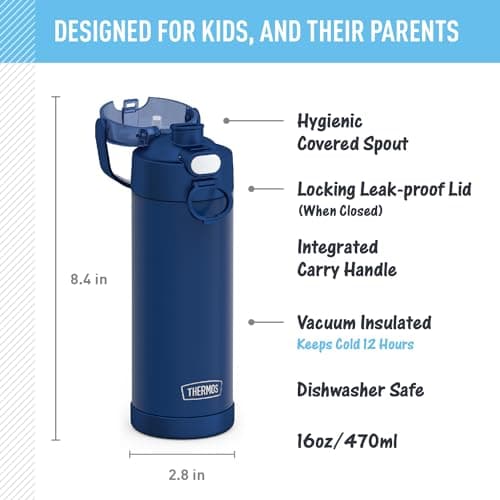 THERMOS FUNTAINER 16 Ounce Stainless Steel Vacuum Insulated Bottle with Wide Spout Lid, Navy