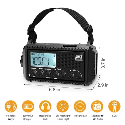 Raynic NOAA Weather Radio, 5000mAh/18500mWh Solar Hand Crank Emergency Radio, Battery Powered Portable Radio with AM/FM/SW/NOAA, Cell Phone Charger, Type-C Charging, Flashlight and SOS Siren