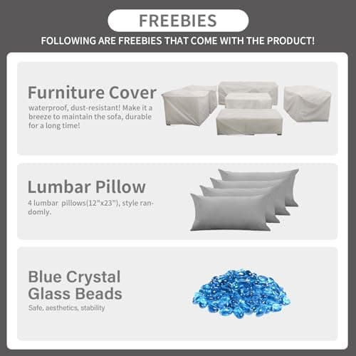 Rattaner 7-Piece Outdoor Furniture Sets Patio Furniture Set with 45-inch Fire Pit Patio Couch Outdoor Chairs 60000 BTU Propane Fire Pit Table with Non-Slip Cushions Waterproof Covers, Light Grey