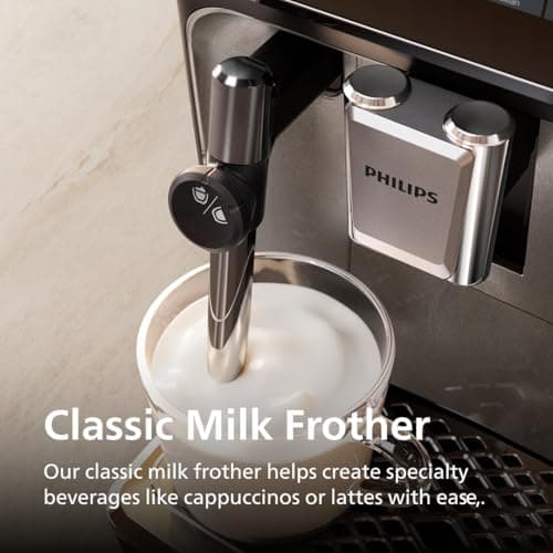 PHILIPS 3300 Series Fully Automatic Espresso Machine with integrated milk frother and grinder, 5 Hot & Iced Coffee Pre-Sets, 40% Quieter SilentBrew, 15-Bar Pressure, Glossy Black (EP3326/90)