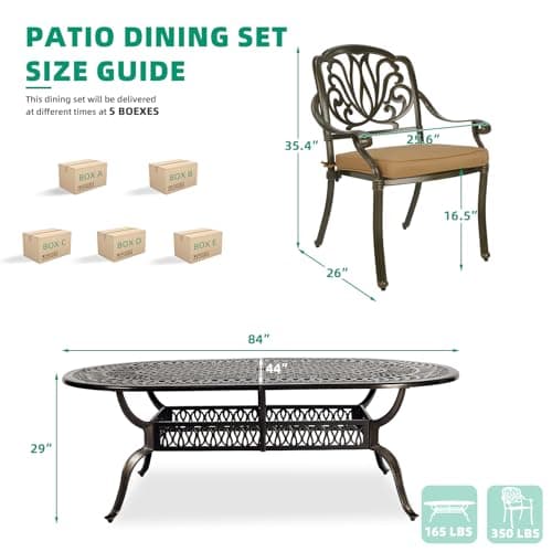 VIVIJASON 9-Piece Outdoor Furniture Dining Set, All-Weather Cast Aluminum Patio Conversation Set, Include 8 Cushioned Chairs and an Oval Table with Umbrella Hole for Balcony Lawn Garden Backyard
