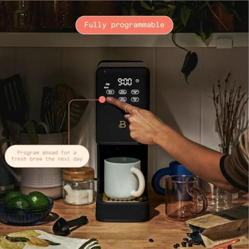 Beautiful Perfect Grind™ Single Serve Coffee Maker, built-in grinder, 6 sizes, 3 strengths, pod-free, reusable filter, 64oz reservoir, touch display, hot & iced brew. (Black Sesame)