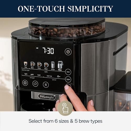 De'Longhi TrueBrew Drip Coffee Maker, Built in Grinder, Single Serve, 8 oz to 24 oz with 40 oz Carafe, Hot or Iced Coffee, Stainless,CAM51035M