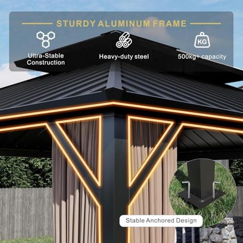 10’x12’ Hardtop Gazebo, Galvanized Steel Double Roof Canopy with Aluminum Frame, Outdoor Pavilion with Nettings and Curtains