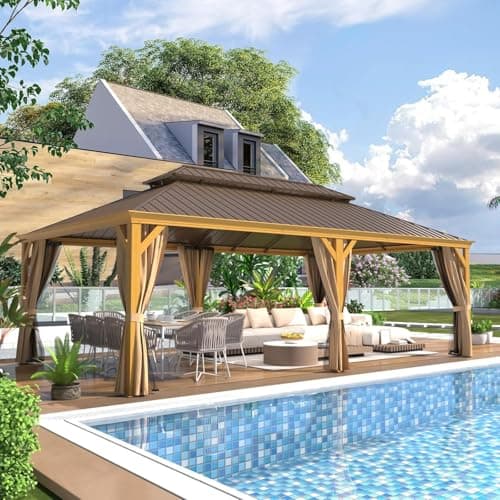 MELLCOM 14'x24' Gazebo, Wooden Finish Coated Aluminum Frame Pergola with Double Galvanized Steel Hardtop Roof, Outdoor Permanent Metal Pavilion with Curtains and Nettings for Patio, Backyard and Deck
