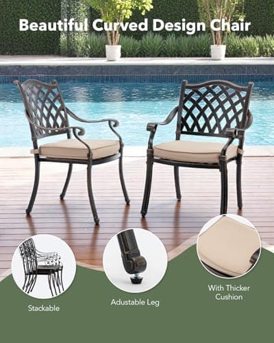 9 Piece Cast Aluminum Outdoor Dining Set, Retro Patio Dining Furniture Set for 8 Includes 86” Table 2 Swivel & 6 Stackable Lattice Chairs with Cushions and 2“ Umbrella Hole for Porch Poolside Garden