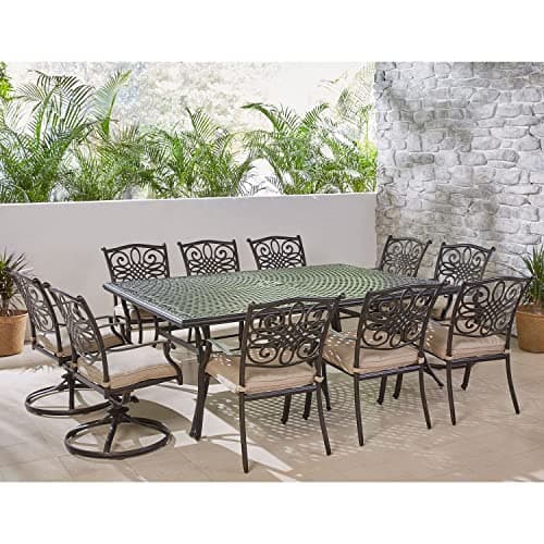 Hanover Traditions 11-Piece Outdoor Dining Set with 60" x 84" Cast-Top Aluminum Table, 6 Dining Chairs, and 4 Swivel Rockers with Thick Foam Cushions